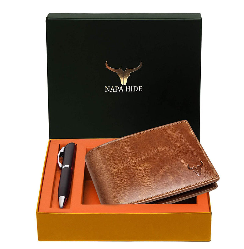 Napa Hide RFID Protected Genuine High Quality Leather Wallet & Pen Combo for Men (TAN CRUNCH) - WILDHORN