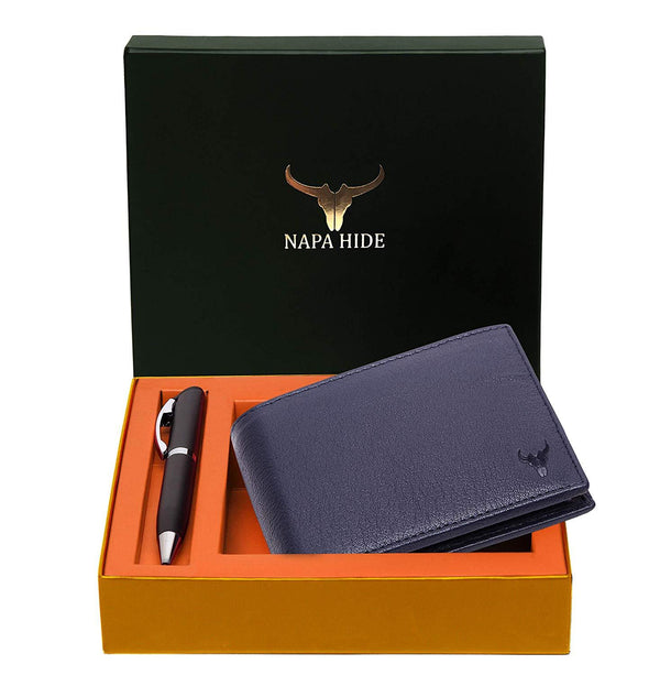 Napa Hide RFID Protected Genuine High Quality Leather Wallet & Pen Combo for Men (BLUE NAPA) - WILDHORN