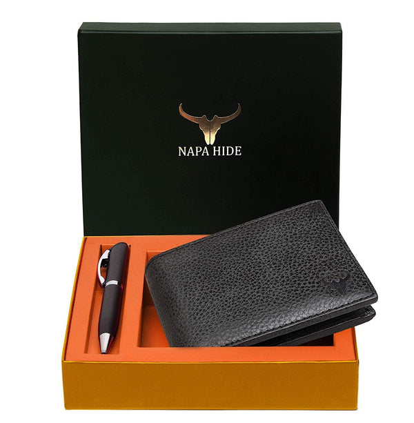 Napa Hide RFID Protected Genuine High Quality Leather Wallet & Pen Combo for Men (BLACK MATT) - WILDHORN