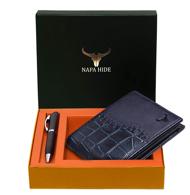 Napa Hide RFID Protected Genuine High Quality Leather Wallet & Pen Combo for Men (BLUE CROCO) - WILDHORN