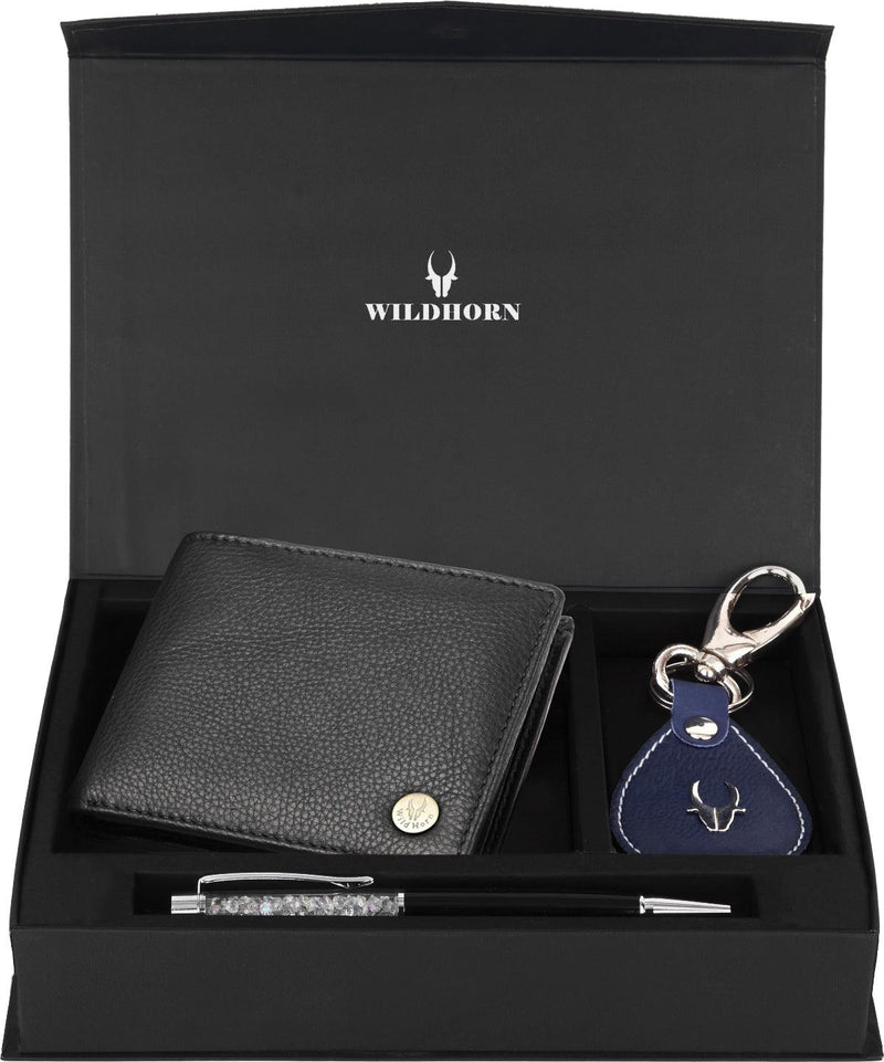 WildHorn® RFID Protected Genuine High Quality Leather Wallet Keychain & Pen Combo for Men