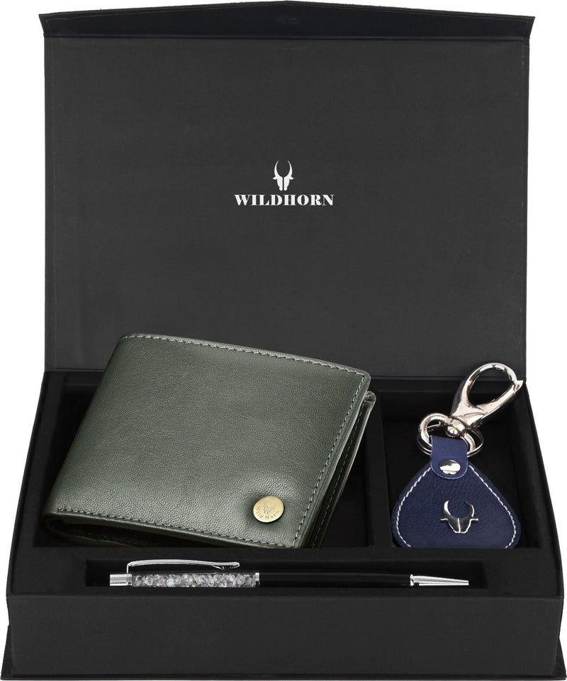 WildHorn® RFID Protected Genuine High Quality Leather Wallet Keychain & Pen Combo for Men