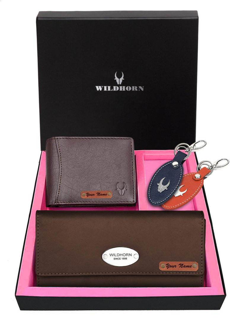 WILDHORN® RFID Protected Customizable Unisex Leather Wallet Combo for Gifting | Engrave with Your Name, Company Name or Initials (Brown Nappa) - WILDHORN