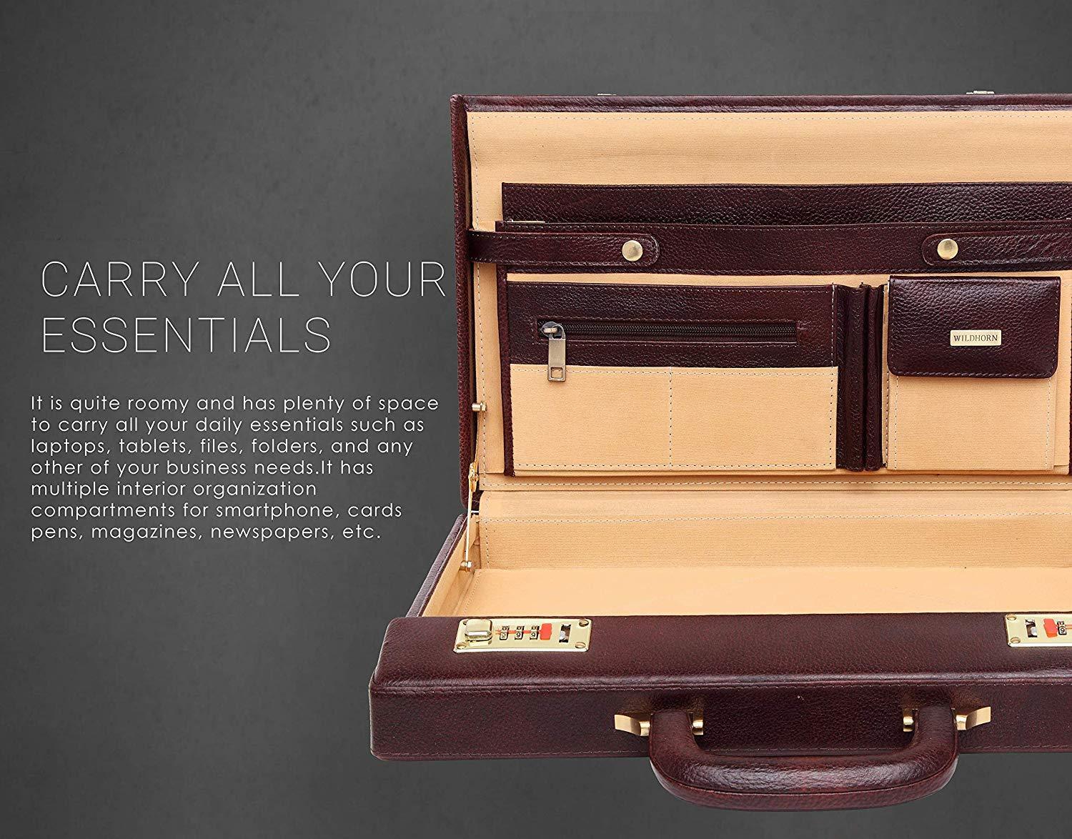 WildHorn® 100% Genuine Leather Premium Briefcase Attache Bag|Office|Meeting (Dimension : 17 x 12.5 x 3 Inch) - WILDHORN
