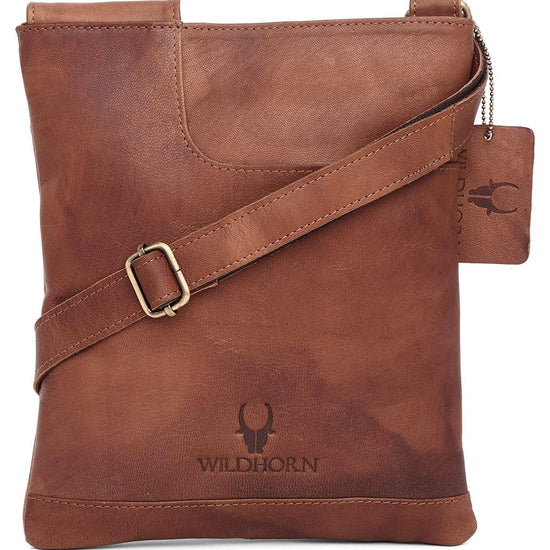 WILDHORN® Leather 8.5 inch Sling Messenger Bag for Men I Multipurpose Crossbody Bag I Travel Bag with Adjustable Strap I Utility Bag I DIMENSION : L-8.5 inch W-0.5 inch H-10.3 inch (Tan Nappa) - WILDHORN