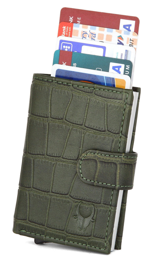 WildHorn® RFID Protected Unisex Genuine Leather Card Holder (Green Croco) - WILDHORN