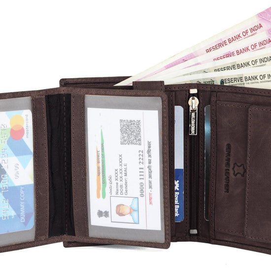 WILDHORN Top Grain Portrait Leather Wallet for Men | Ultra Strong Stitching | Handcrafted | RFID Blocking | 2 ID Slots | 11 Card Slots | Zip Compartment - WILDHORN