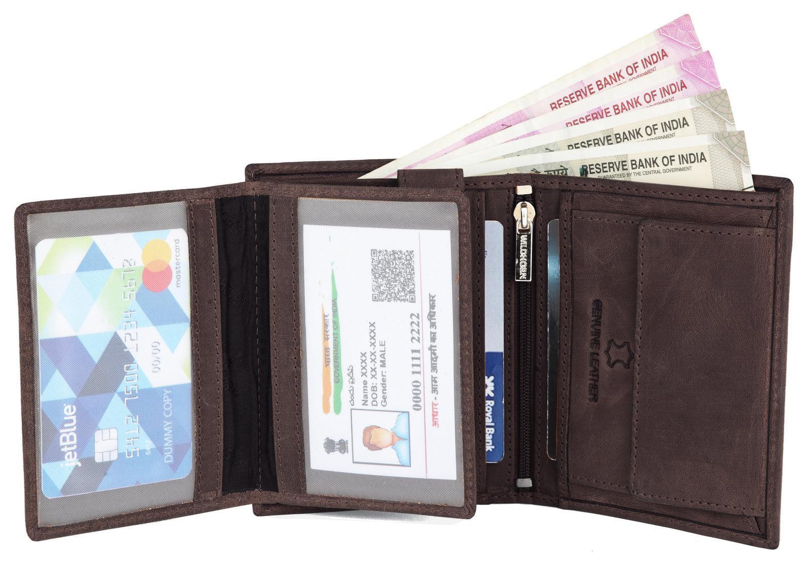 WILDHORN Top Grain Portrait Leather Wallet for Men | Ultra Strong Stitching | Handcrafted | RFID Blocking | 2 ID Slots | 11 Card Slots | Zip Compartment - WILDHORN