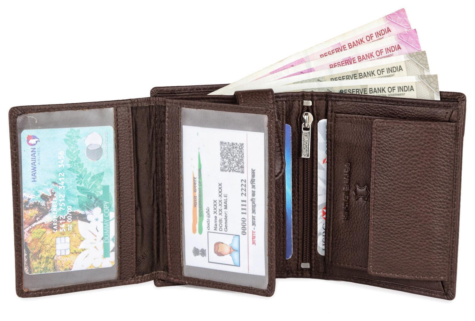 WILDHORN Top Grain Portrait Leather Wallet for Men | Ultra Strong Stitching | Handcrafted | RFID Blocking | 2 ID Slots | 11 Card Slots | Zip Compartment - WILDHORN