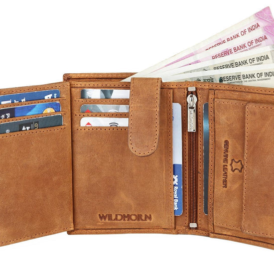 WILDHORN Top Grain Portrait Leather Wallet for Men | Ultra Strong Stitching | Handcrafted | RFID Blocking | 2 ID Slots | 11 Card Slots | Zip Compartment - WILDHORN