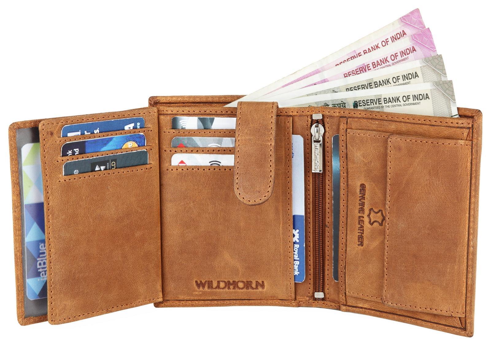 WILDHORN Top Grain Portrait Leather Wallet for Men | Ultra Strong Stitching | Handcrafted | RFID Blocking | 2 ID Slots | 11 Card Slots | Zip Compartment - WILDHORN