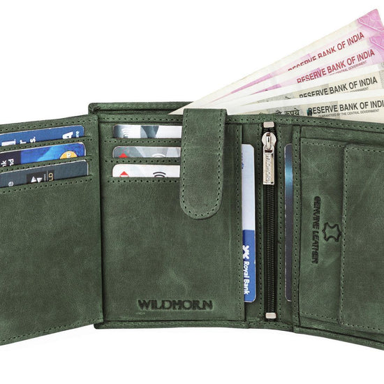 WILDHORN Top Grain Portrait Leather Wallet for Men | Ultra Strong Stitching | Handcrafted | RFID Blocking | 2 ID Slots | 11 Card Slots | Zip Compartment - WILDHORN