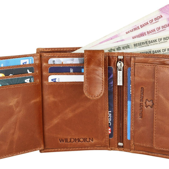 WILDHORN Top Grain Portrait Leather Wallet for Men | Ultra Strong Stitching | Handcrafted | RFID Blocking | 2 ID Slots | 11 Card Slots | Zip Compartment - WILDHORN