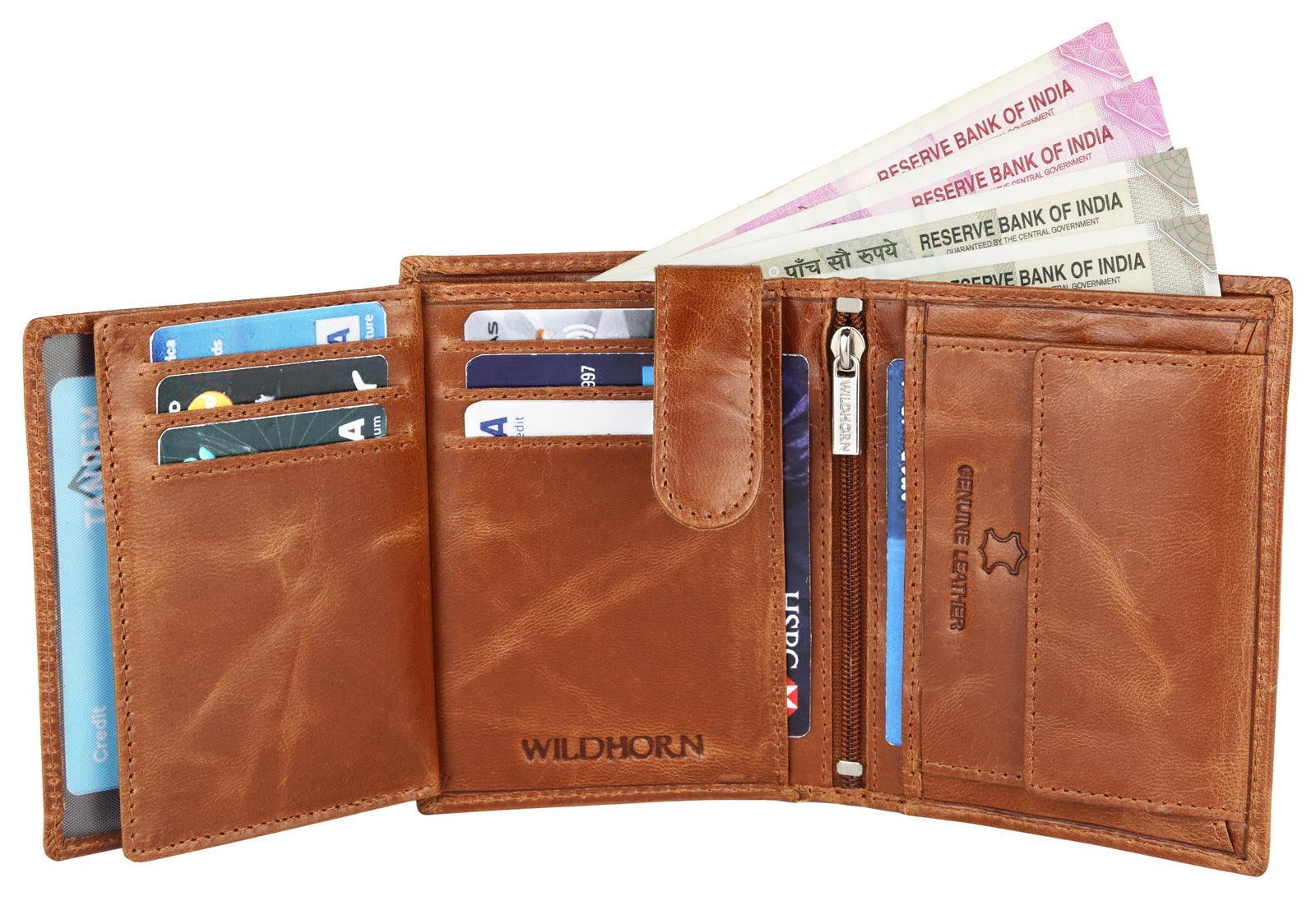 WILDHORN Top Grain Portrait Leather Wallet for Men | Ultra Strong Stitching | Handcrafted | RFID Blocking | 2 ID Slots | 11 Card Slots | Zip Compartment - WILDHORN
