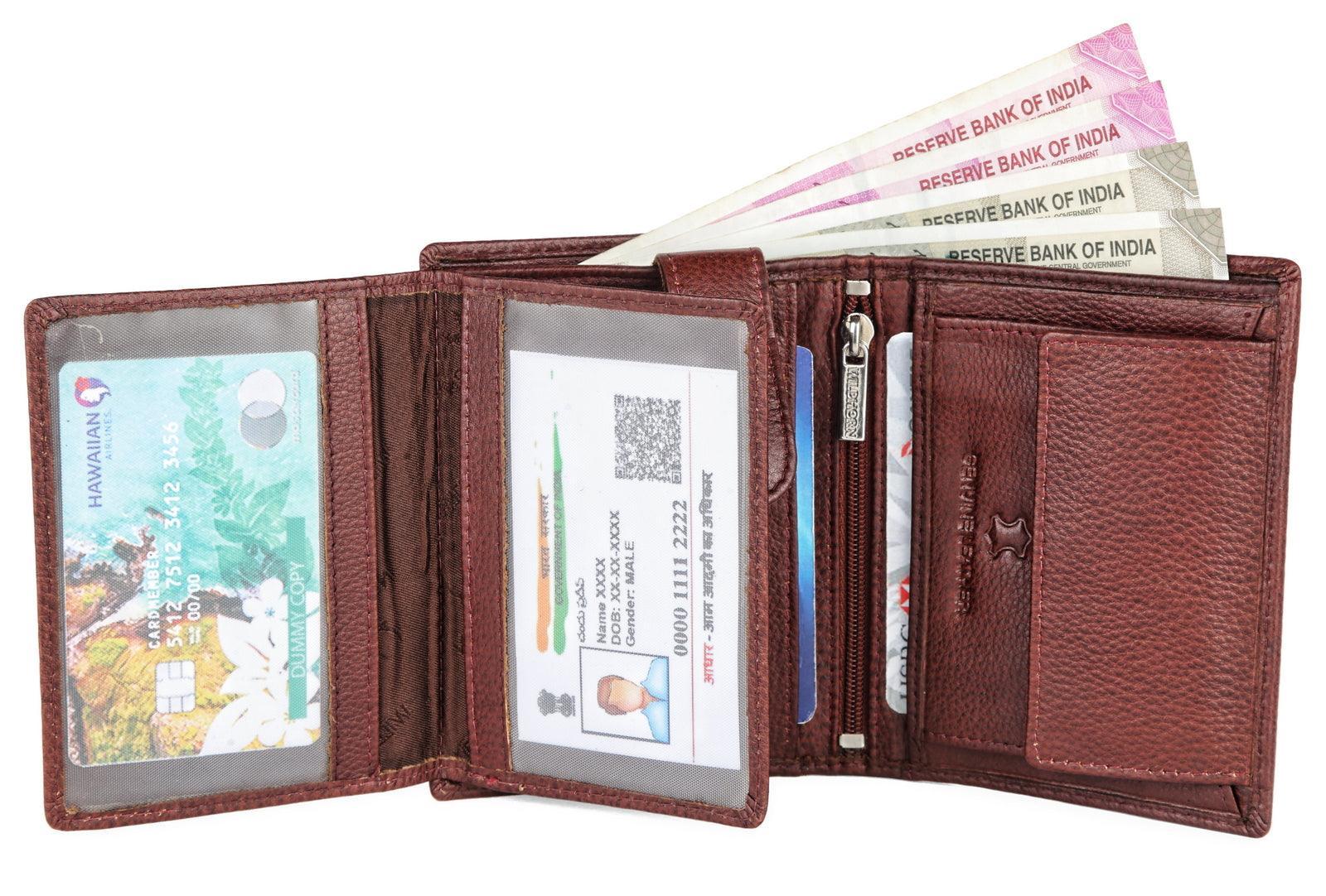 WILDHORN Top Grain Portrait Leather Wallet for Men | Ultra Strong Stitching | Handcrafted | RFID Blocking | 2 ID Slots | 11 Card Slots | Zip Compartment - WILDHORN