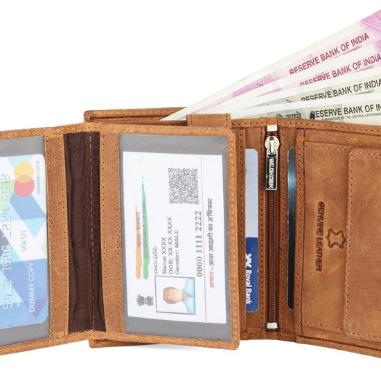 WILDHORN Top Grain Portrait Leather Wallet for Men | Ultra Strong Stitching | Handcrafted | RFID Blocking | 2 ID Slots | 11 Card Slots | Zip Compartment - WILDHORN