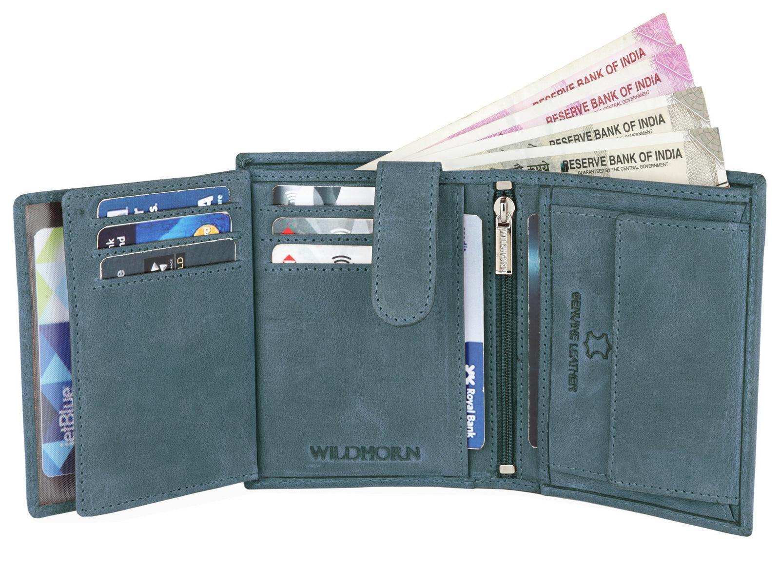 WILDHORN Top Grain Portrait Leather Wallet for Men | Ultra Strong Stitching | Handcrafted | RFID Blocking | 2 ID Slots | 11 Card Slots | Zip Compartment - WILDHORN