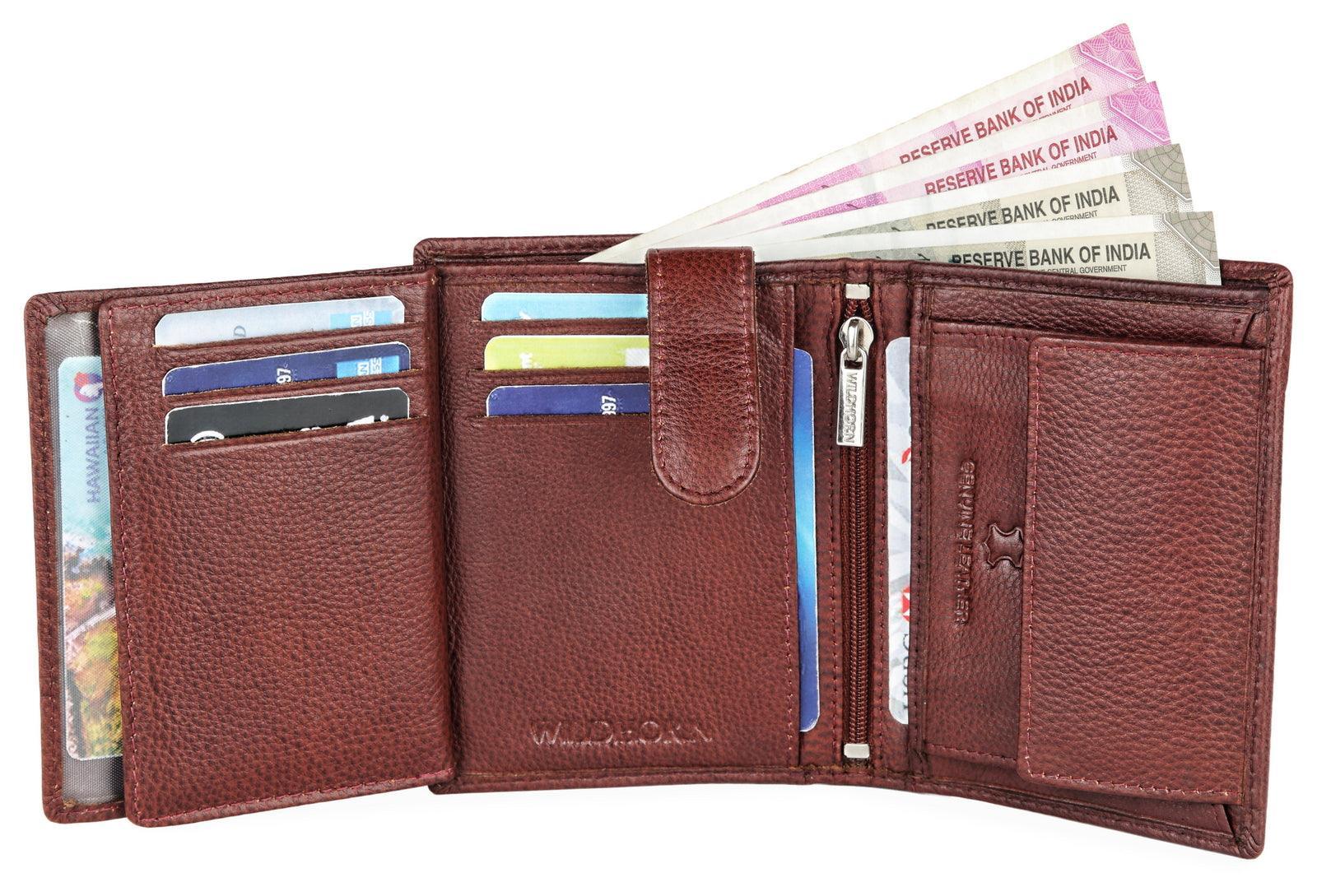 WILDHORN Top Grain Portrait Leather Wallet for Men | Ultra Strong Stitching | Handcrafted | RFID Blocking | 2 ID Slots | 11 Card Slots | Zip Compartment - WILDHORN