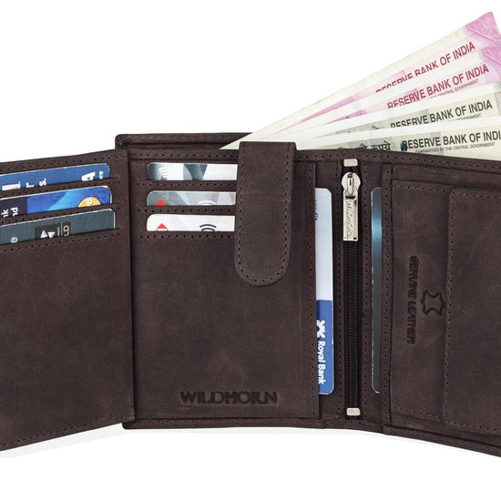 WILDHORN Top Grain Portrait Leather Wallet for Men | Ultra Strong Stitching | Handcrafted | RFID Blocking | 2 ID Slots | 11 Card Slots | Zip Compartment - WILDHORN