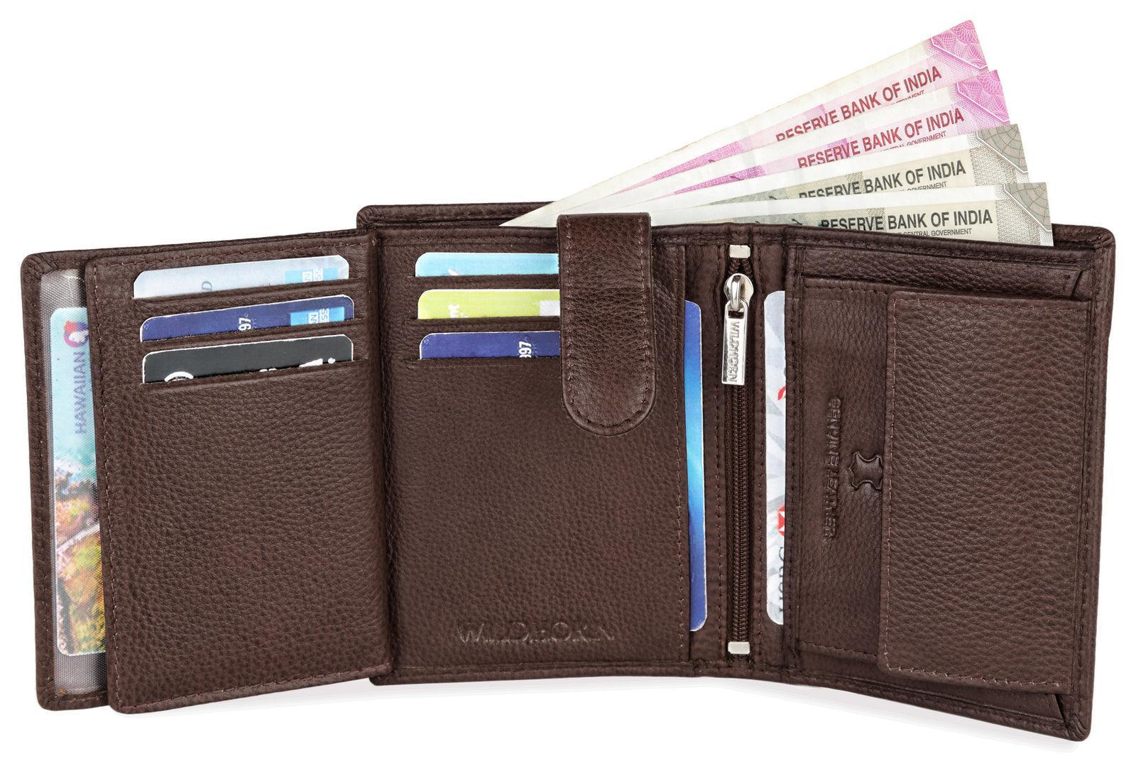 WILDHORN Top Grain Portrait Leather Wallet for Men | Ultra Strong Stitching | Handcrafted | RFID Blocking | 2 ID Slots | 11 Card Slots | Zip Compartment - WILDHORN