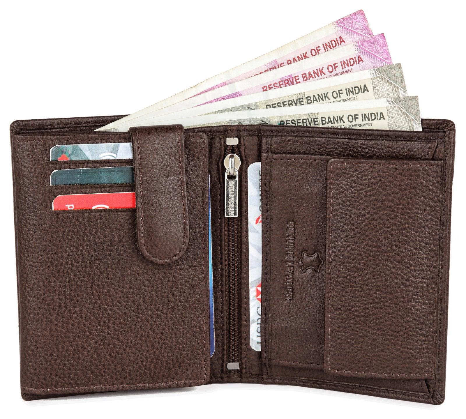 WILDHORN Top Grain Portrait Leather Wallet for Men | Ultra Strong Stitching | Handcrafted | RFID Blocking | 2 ID Slots | 11 Card Slots | Zip Compartment - WILDHORN