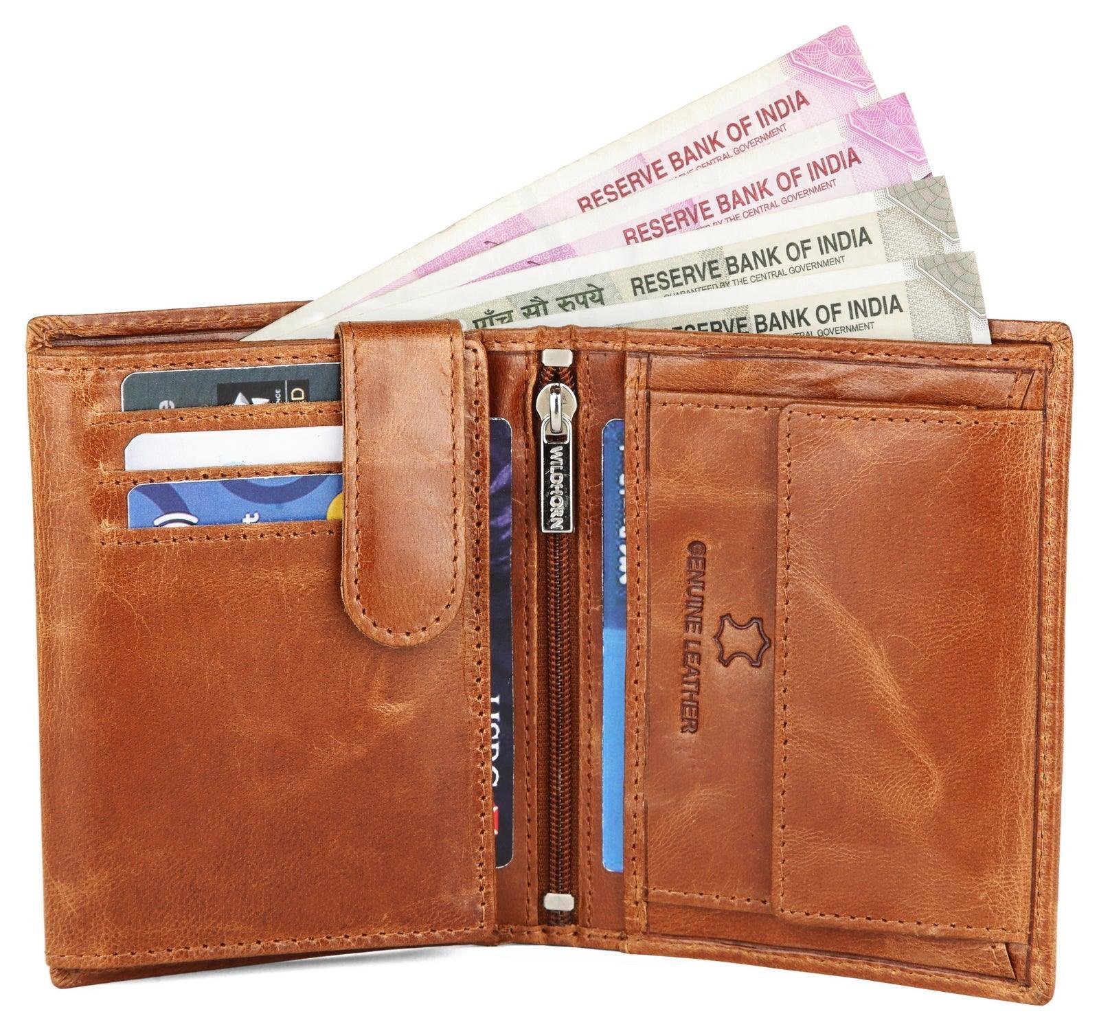 WILDHORN Top Grain Portrait Leather Wallet for Men | Ultra Strong Stitching | Handcrafted | RFID Blocking | 2 ID Slots | 11 Card Slots | Zip Compartment - WILDHORN