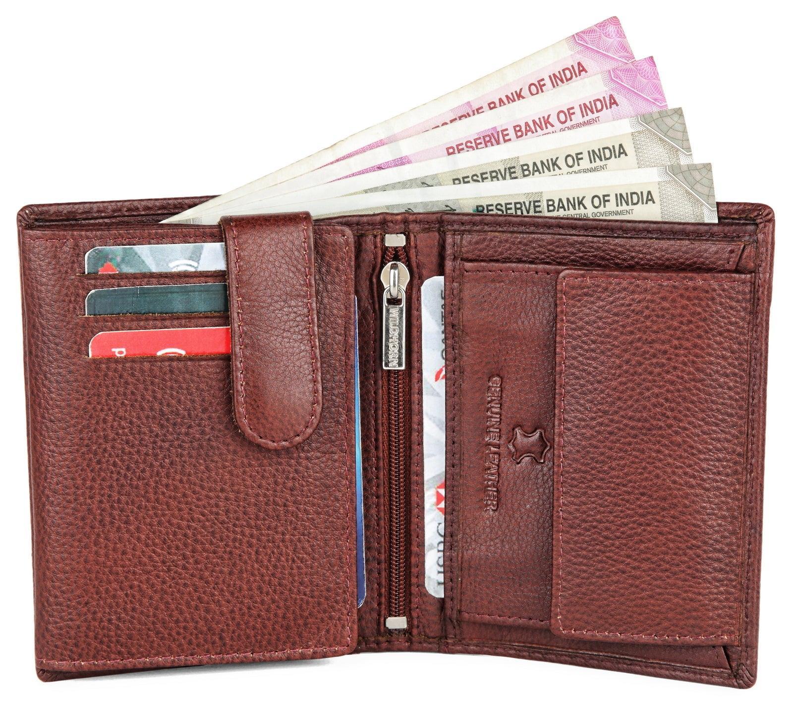 WILDHORN Top Grain Portrait Leather Wallet for Men | Ultra Strong Stitching | Handcrafted | RFID Blocking | 2 ID Slots | 11 Card Slots | Zip Compartment - WILDHORN